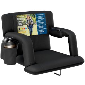 Reclining Stadium Seat with Armrests and Side Pockets - Black, Wide