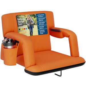 Reclining Stadium Seat with Armrests and Side Pockets - Orange, Wide